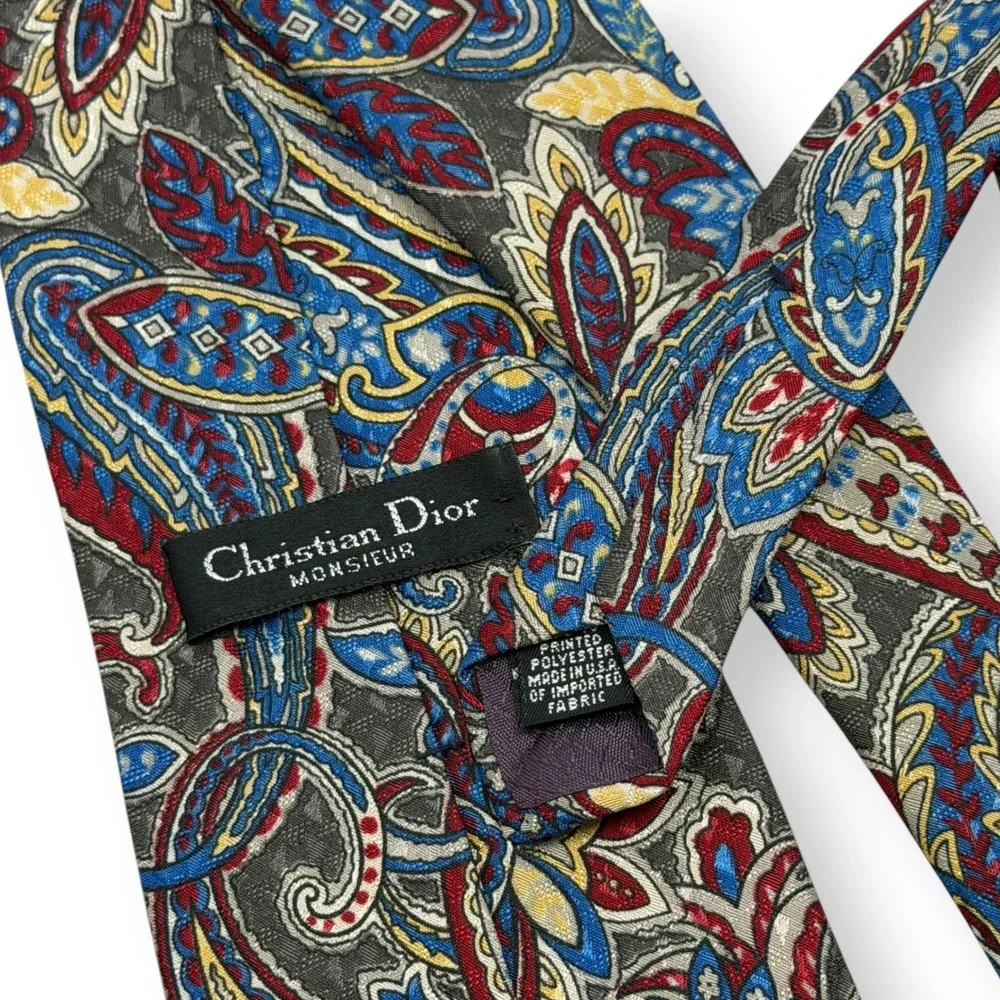 VTG Christian Dior Tie NWOT Paisley Retro Colors Designer Gray Red Blue Yellow